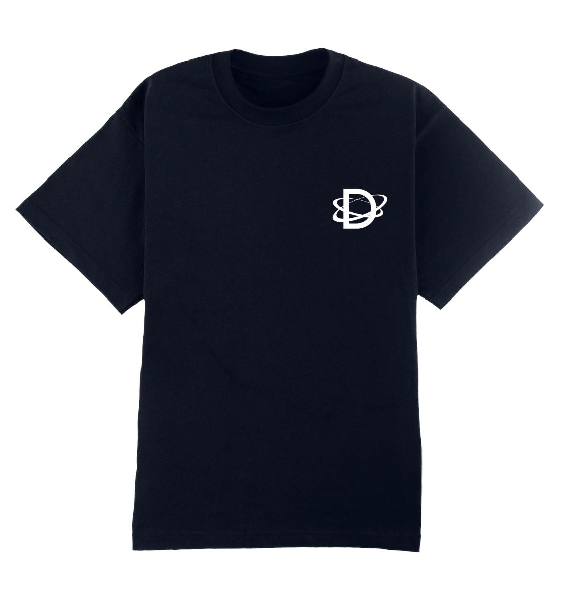 Oversized donkerblauw DESONS t-shirt voor heren en dames met een minimalistisch wit logo en orbitale lijnen op de borst, luxe oversized streetwear t-shirt.