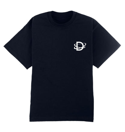 Oversized donkerblauw DESONS t-shirt voor heren en dames met een minimalistisch wit logo en orbitale lijnen op de borst, luxe oversized streetwear t-shirt.
