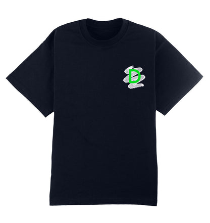 Oversized donkerblauw T-shirt voor heren en dames van DESONS, met een minimalistisch logo in neon groen op de borst. Luxe streetwear T-shirt.