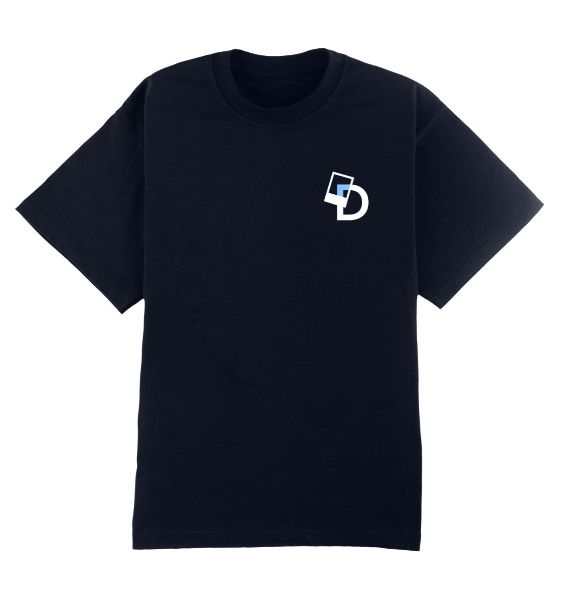 Oversized donkerblauw T-shirt voor heren en dames van DESONS, met een minimalistisch logo op de borst. Luxe streetwear T-shirt.
