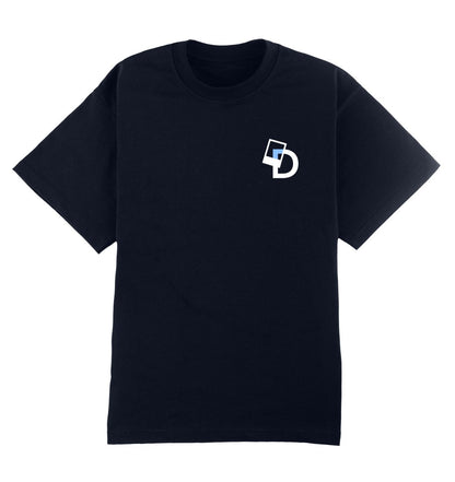 Oversized donkerblauw T-shirt voor heren en dames van DESONS, met een minimalistisch logo op de borst. Luxe streetwear T-shirt.