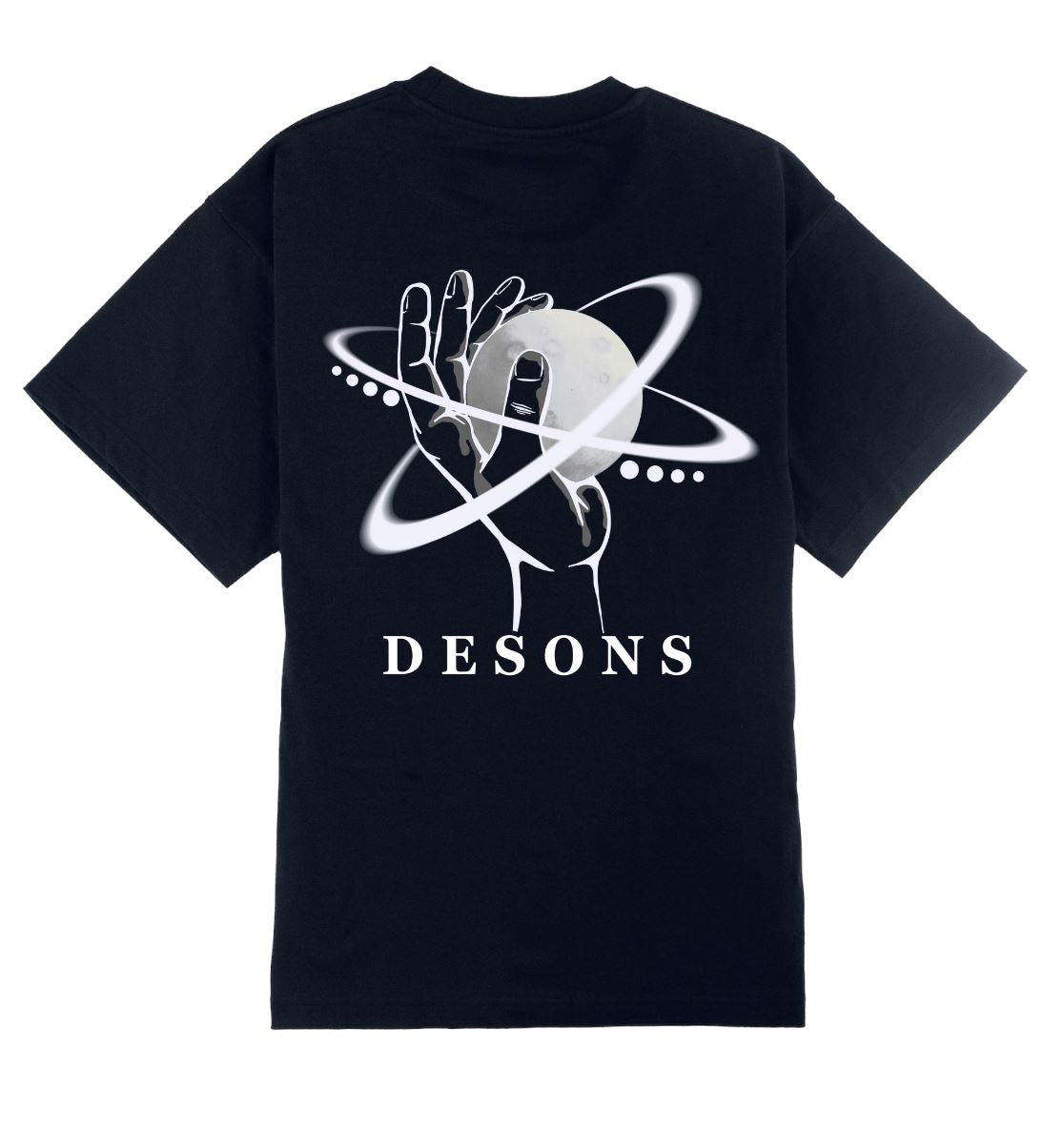 Oversized donkerblauw DESONS t-shirt voor heren en dames met een hand en planeetontwerp, orbitale lijnen, luxe oversized streetwear t-shirt.