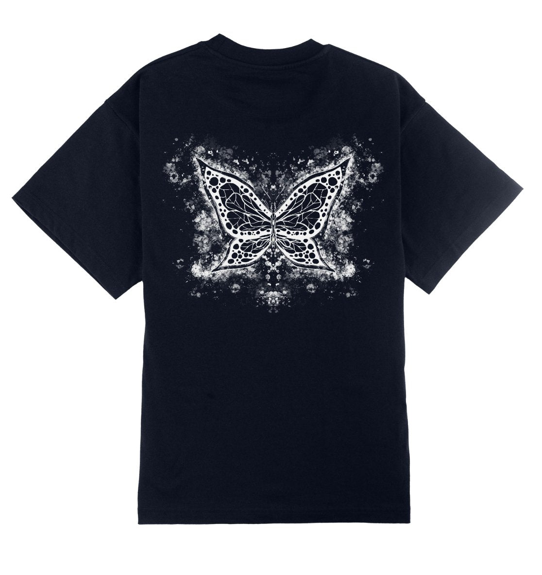 Oversized donkerblauw T-shirt voor heren en dames van DESONS, met een opvallende witte vlinderprint op de achterkant. Luxe streetwear T-shirt.