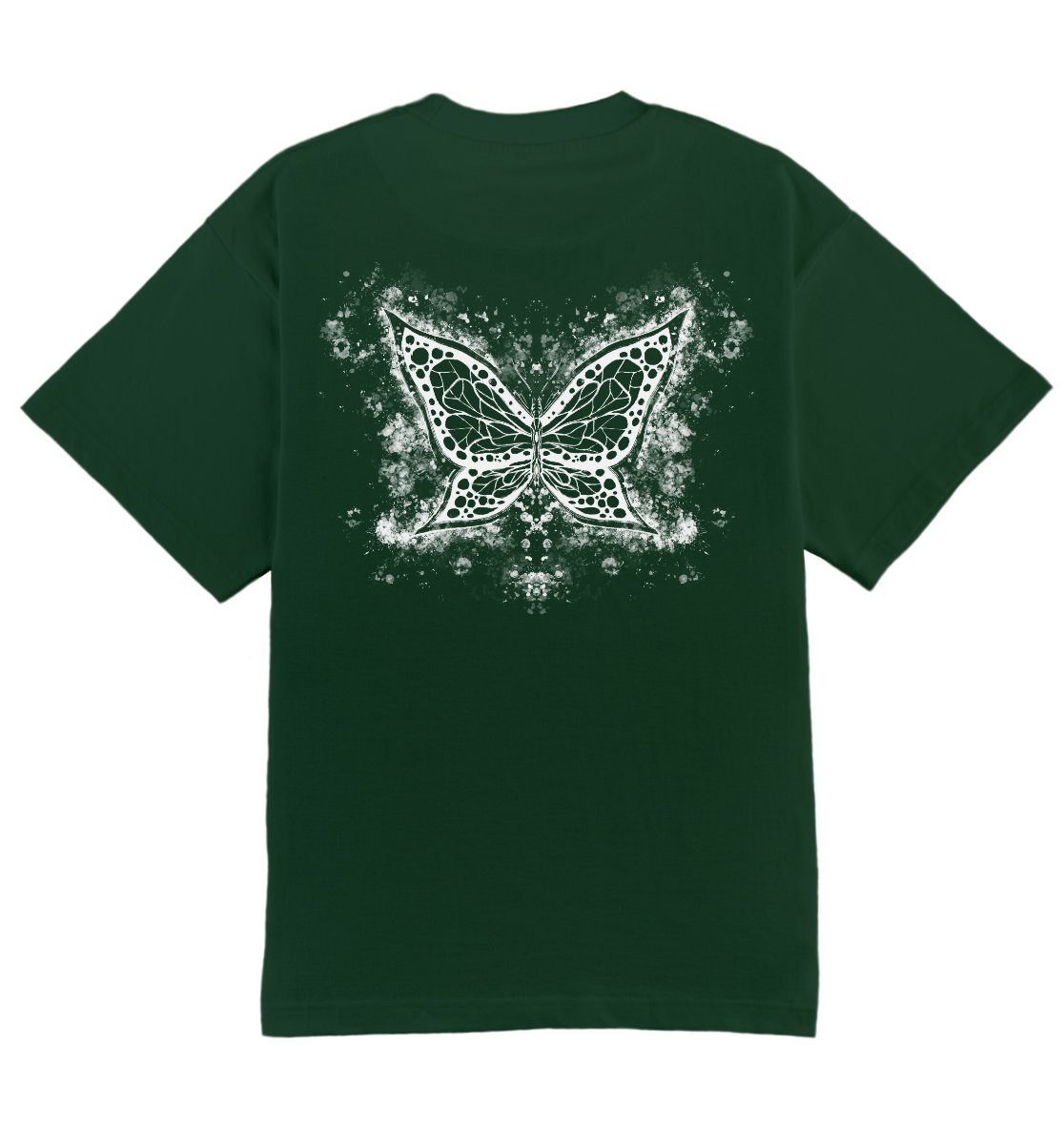 Oversized groen T-shirt voor heren en dames van DESONS, met een opvallende witte vlinderprint op de achterkant. Luxe streetwear T-shirt.