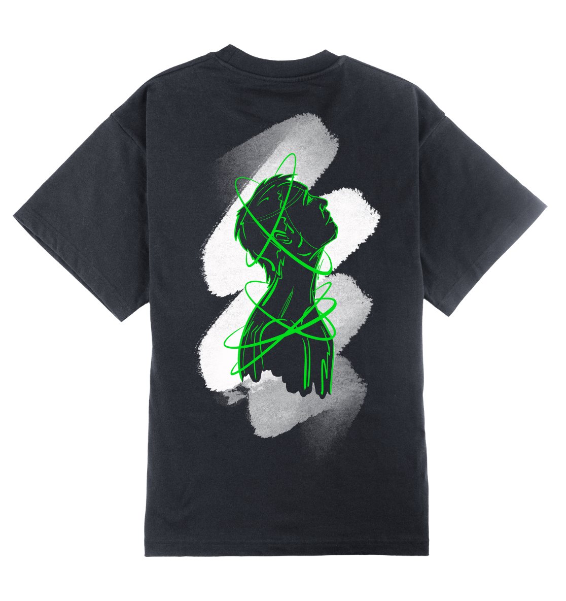 Oversized grijs T-shirt voor heren en dames van DESONS, met een opvallend neon portretontwerp in groen en witte accenten op de achterkant. Luxe streetwear T-shirt.