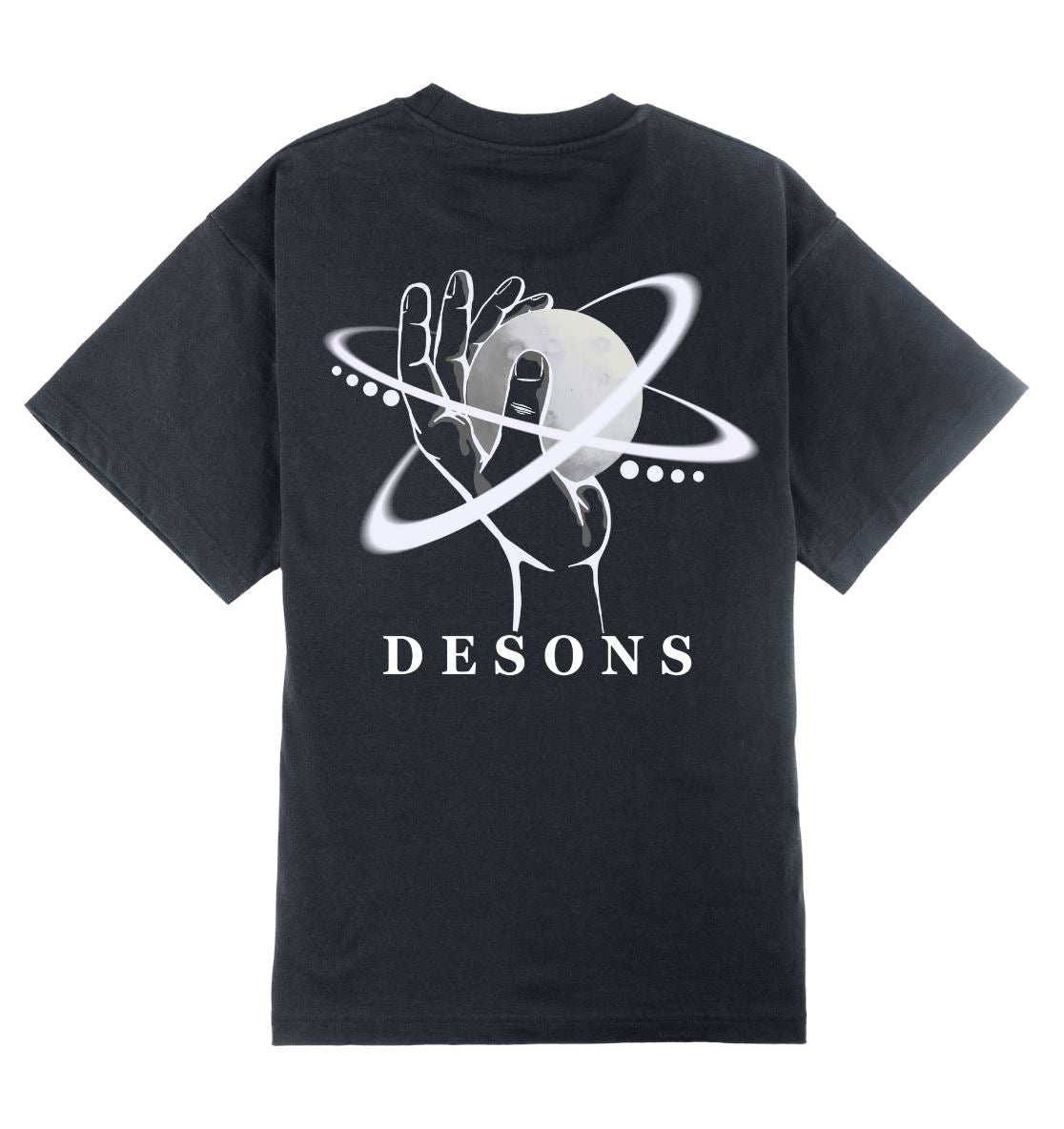 Oversized grijs DESONS t-shirt voor heren en dames met een hand en planeetontwerp, orbitale lijnen, luxe oversized streetwear t-shirt.