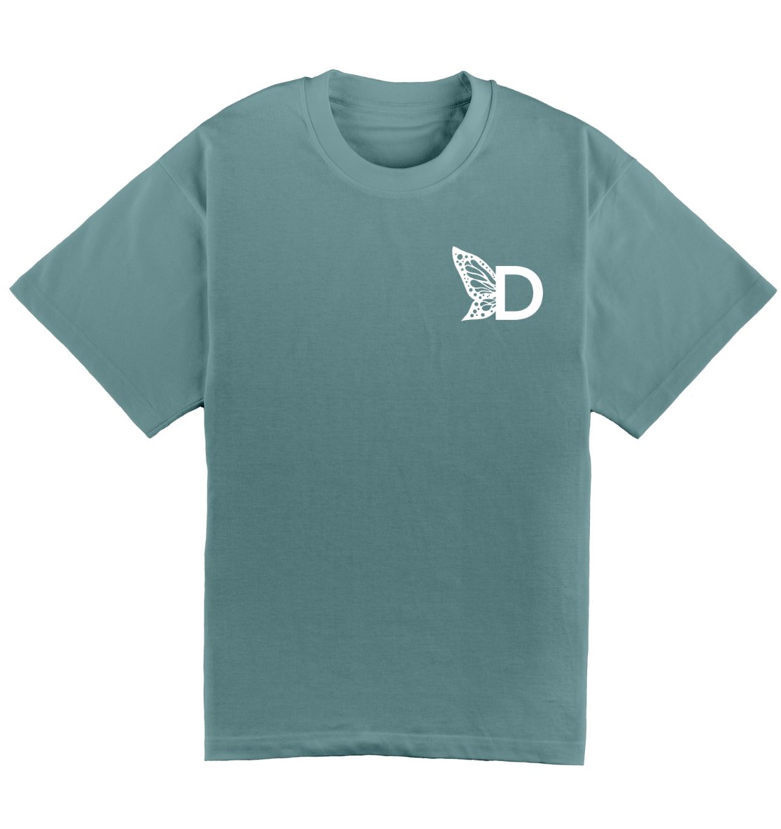 Oversized lichtblauw T-shirt voor heren en dames van DESONS, met een minimalistisch wit vlinderlogo op de borst. Perfect voor streetwear.