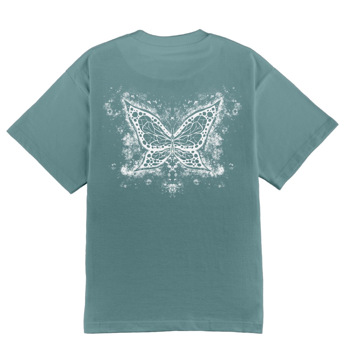 Oversized lichtblauw T-shirt voor heren en dames van DESONS, met een opvallende witte vlinderprint op de achterkant. Luxe streetwear T-shirt.