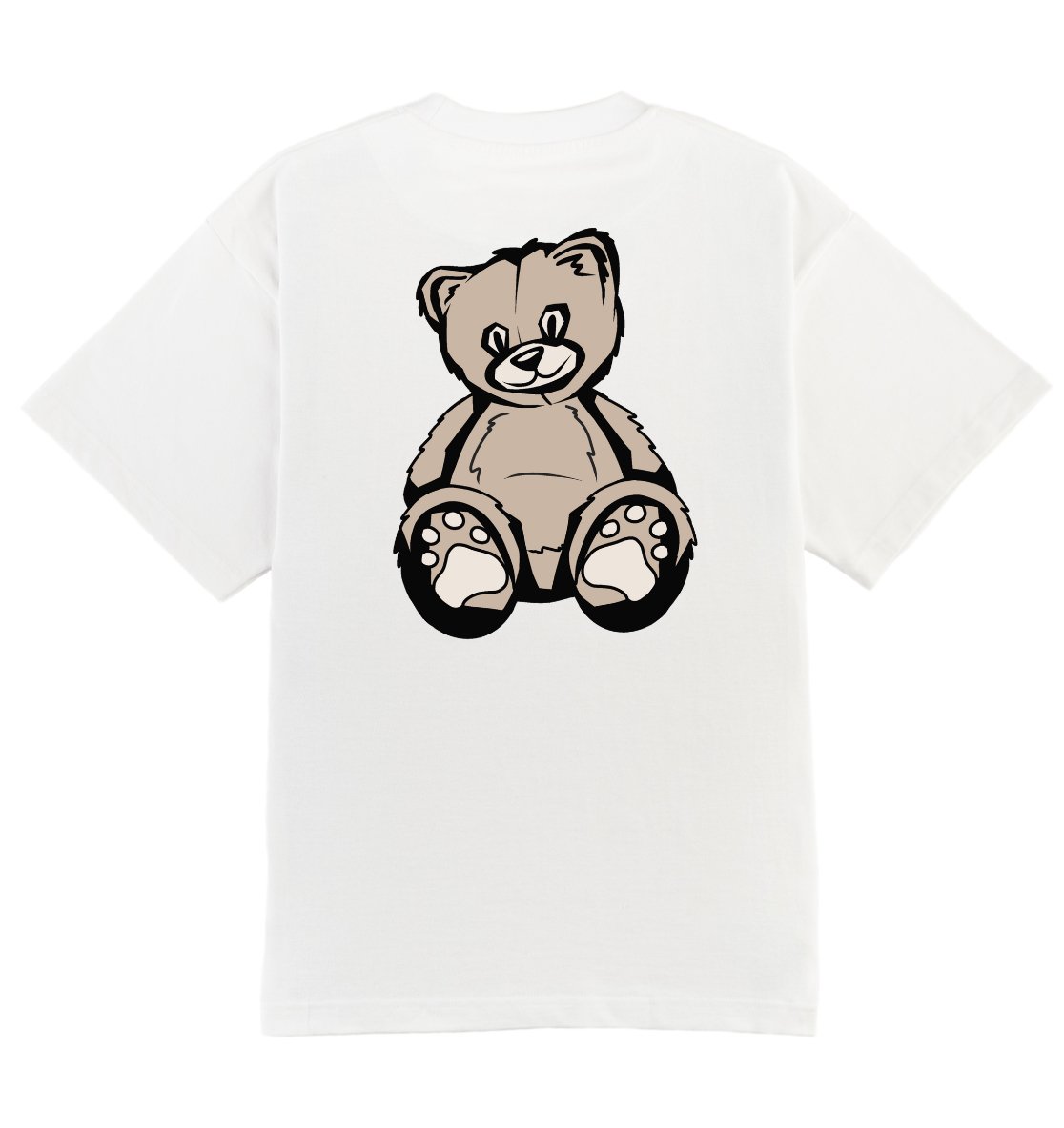 Oversized T-shirt in wit voor heren en dames van DESONS, met een grote teddybeerprint op de achterkant. Luxe en speels streetwear T-shirt.