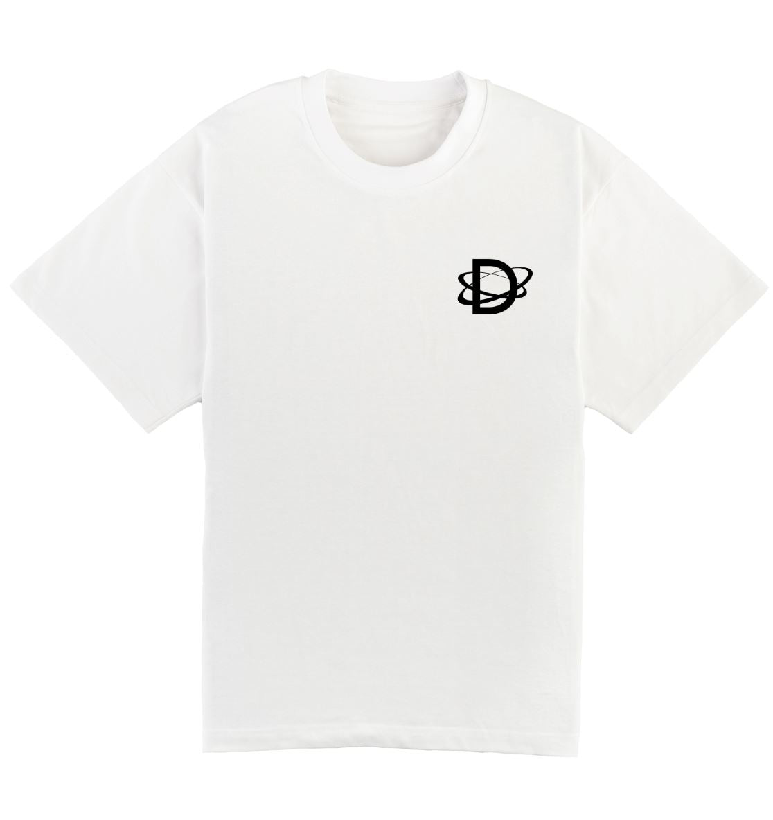 Oversized wit DESONS t-shirt voor heren en dames met een minimalistisch wit logo en orbitale lijnen op de borst, luxe oversized streetwear t-shirt.