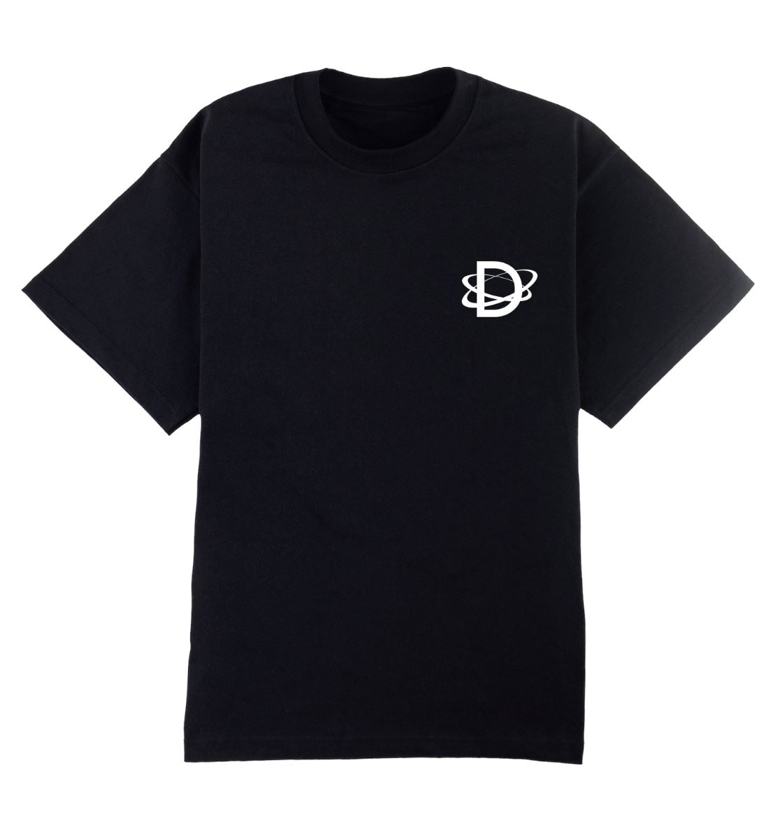 Oversized zwart DESONS t-shirt voor heren en dames met een minimalistisch wit logo en orbitale lijnen op de borst, luxe oversized streetwear t-shirt.