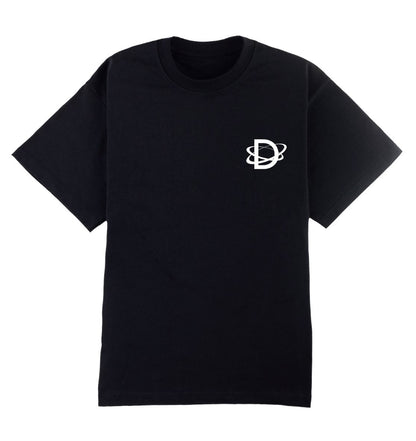 Oversized zwart DESONS t-shirt voor heren en dames met een minimalistisch wit logo en orbitale lijnen op de borst, luxe oversized streetwear t-shirt.