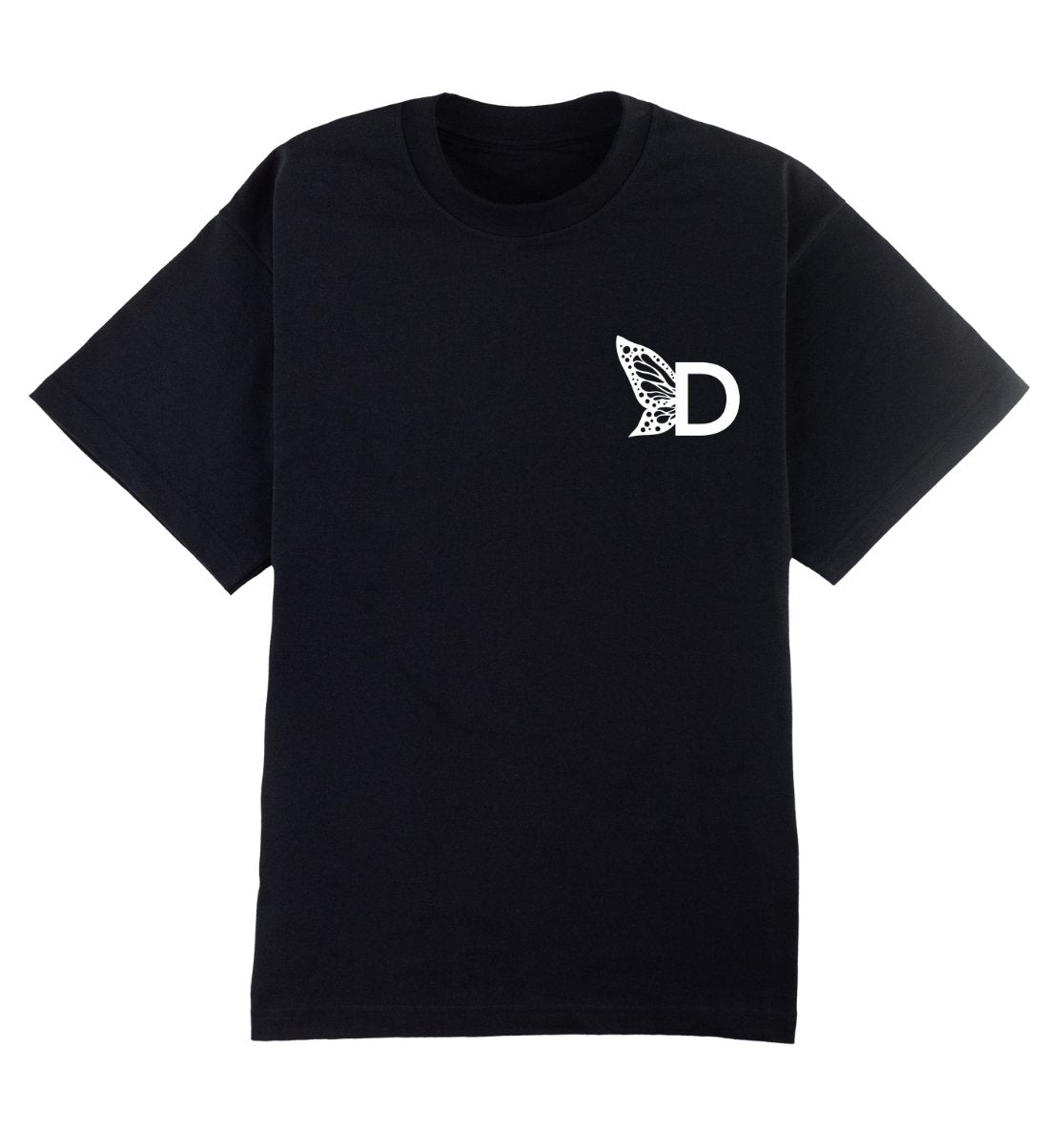 Oversized zwart T-shirt voor heren en dames van DESONS, met een minimalistisch wit vlinderlogo op de borst. Perfect voor streetwear.