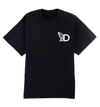Oversized zwart T-shirt voor heren en dames van DESONS, met een minimalistisch wit vlinderlogo op de borst. Perfect voor streetwear.