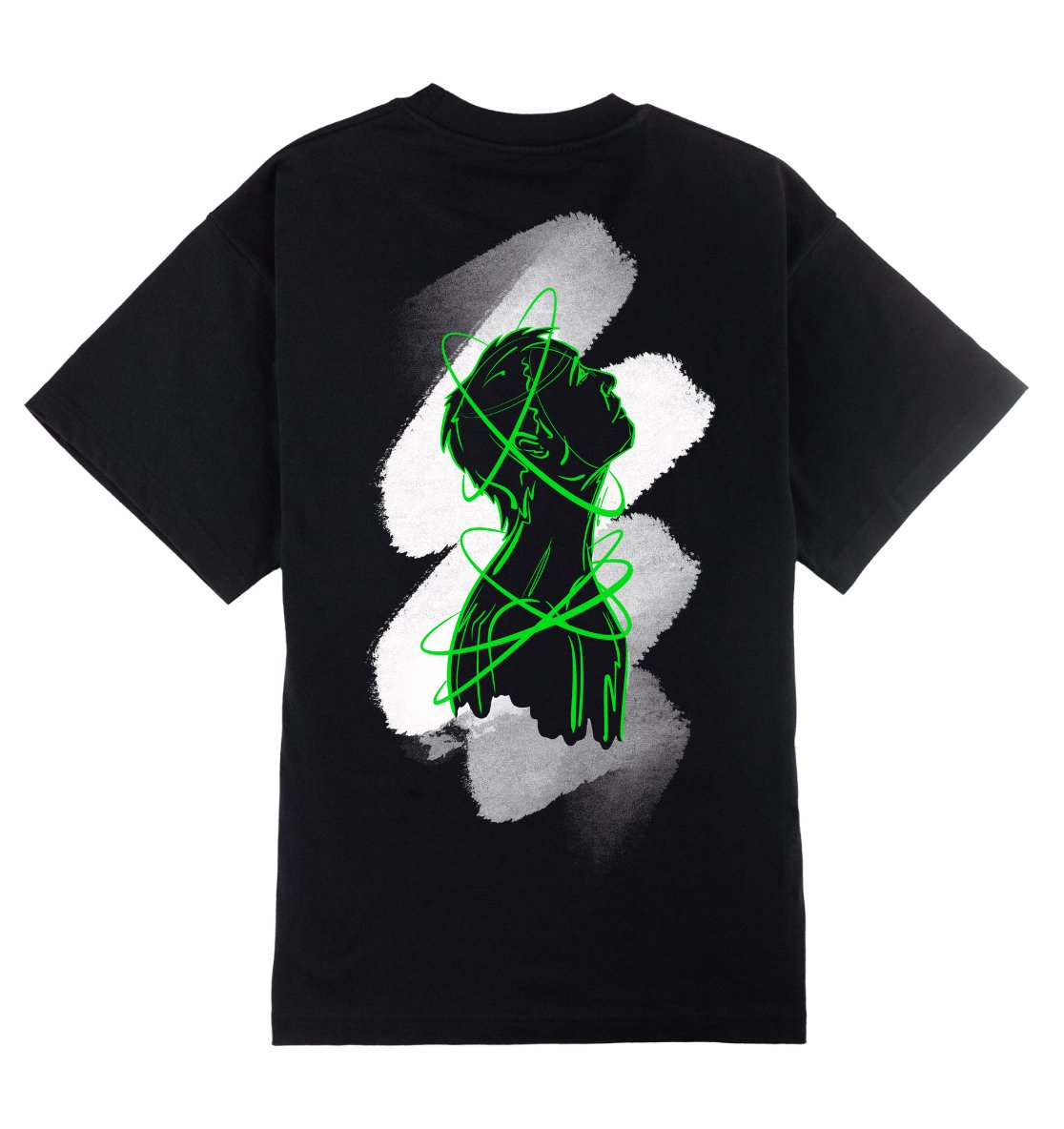 Oversized zwart T-shirt voor heren en dames van DESONS, met een opvallend neon portretontwerp in groen en witte accenten op de achterkant. Luxe streetwear T-shirt.