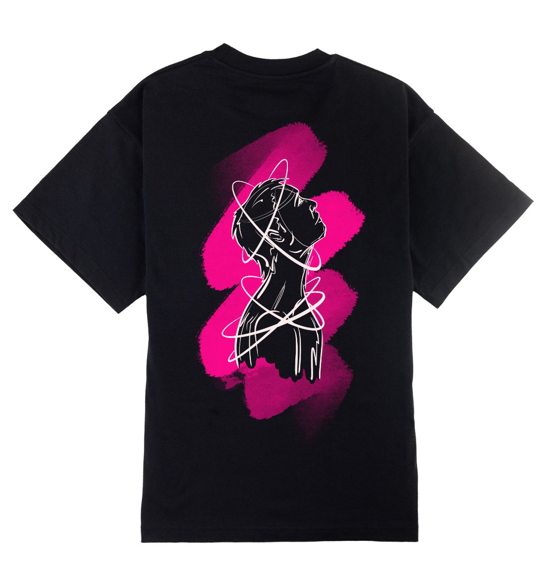 Oversized zwart T-shirt voor heren en dames van DESONS, met een opvallend neon roze portretontwerp op de achterkant, gecombineerd met abstracte lijnen en accenten. Luxe streetwear T-shirt.