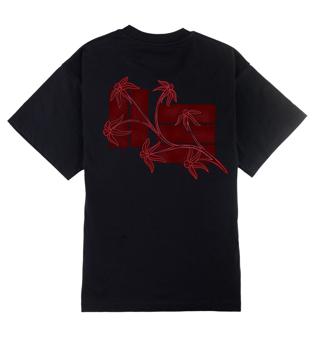 Oversized zwart T-shirt voor heren en dames van DESONS, met een opvallend rode bloemprintontwerp op de achterkant, gecombineerd met abstracte vormen. Luxe streetwear T-shirt.