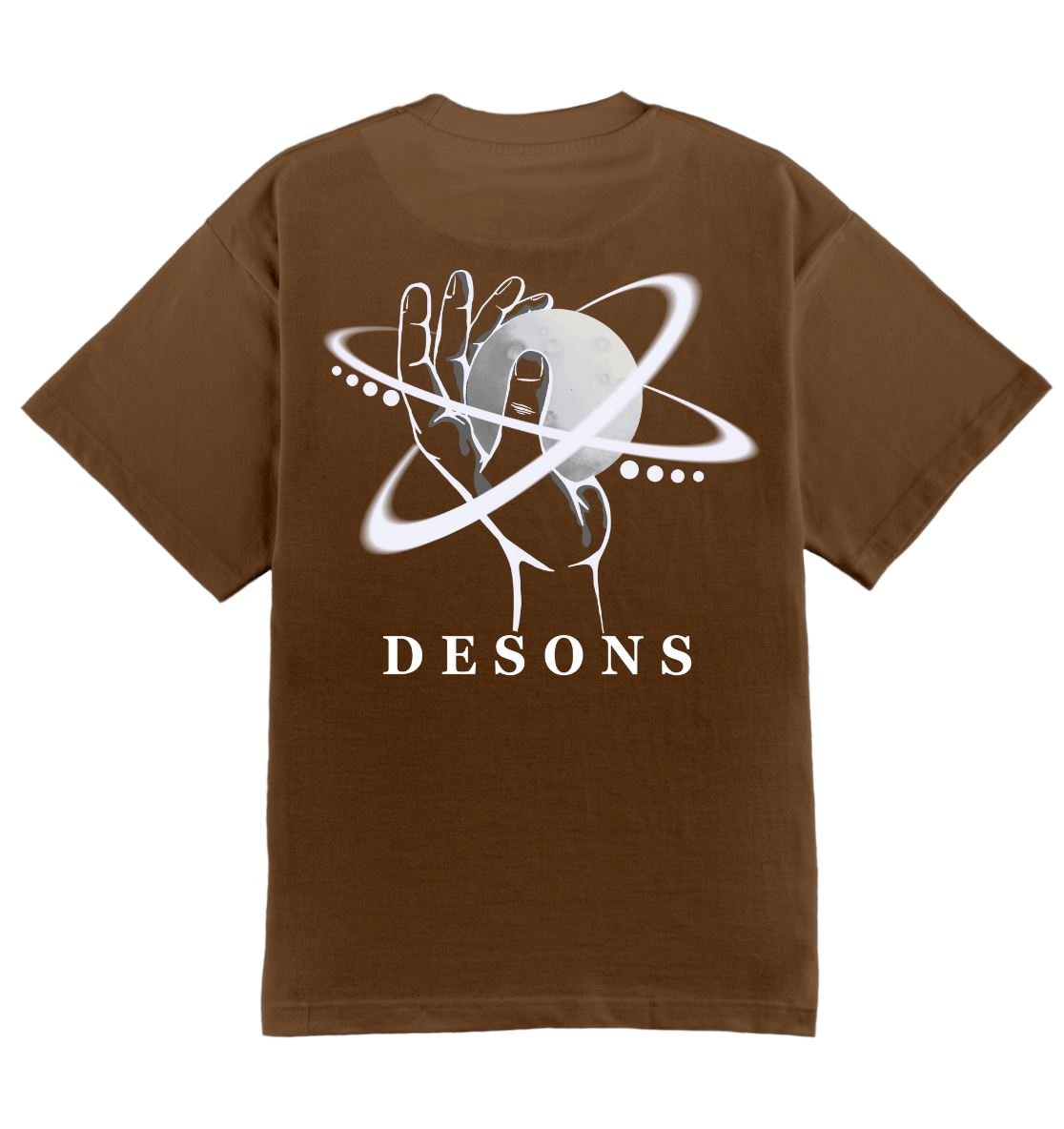 Oversized bruin DESONS t-shirt voor heren en dames met een hand en planeetontwerp, orbitale lijnen, luxe oversized streetwear t-shirt.