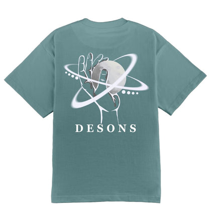 Oversized citadel DESONS t-shirt voor heren en dames met een hand en planeetontwerp, orbitale lijnen, luxe oversized streetwear.