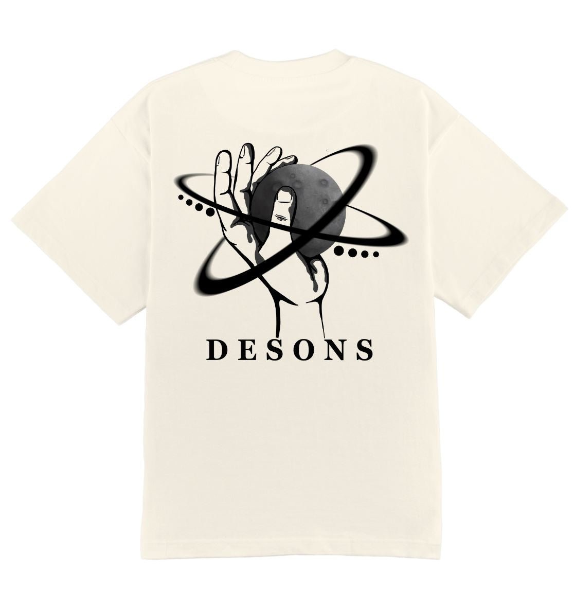 Oversized creme DESONS t-shirt voor heren en dames met een hand en planeetontwerp, orbitale lijnen, luxe oversized streetwear t-shirt.