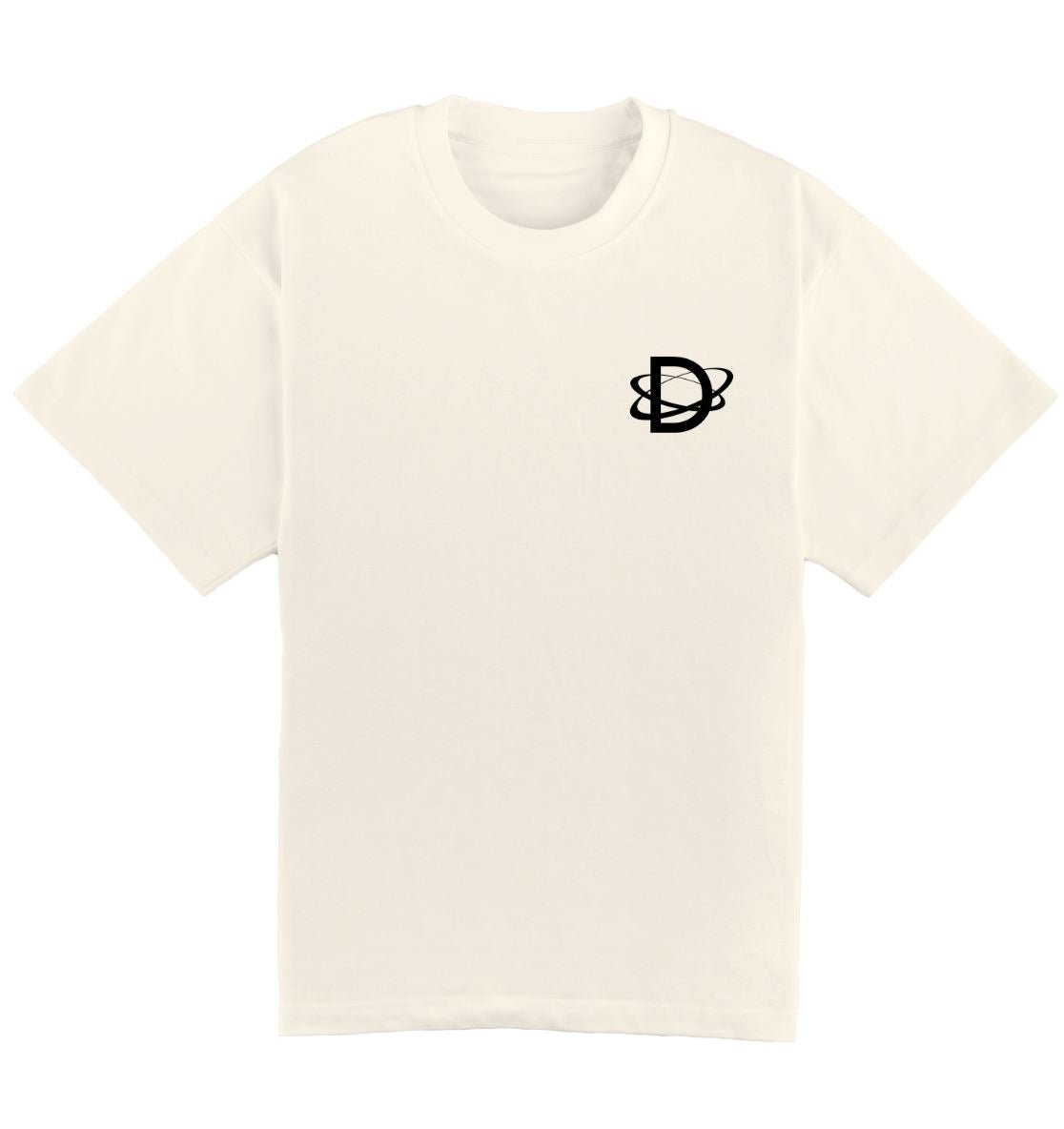 Oversized creme DESONS t-shirt voor heren en dames met een minimalistisch wit logo en orbitale lijnen op de borst, luxe oversized streetwear t-shirt.