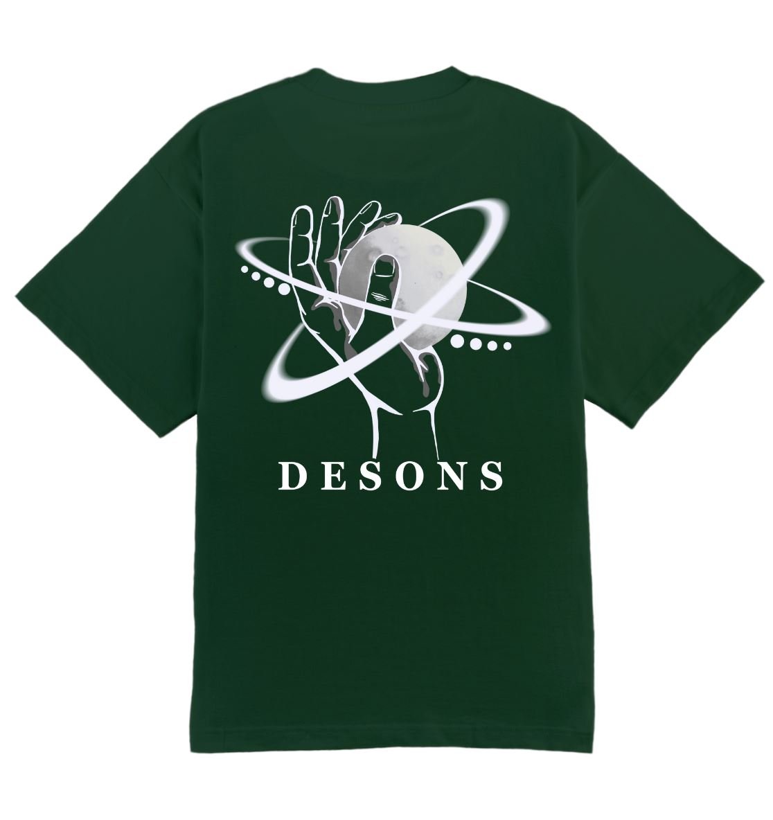 Oversized groen DESONS t-shirt voor heren en dames met een hand en planeetontwerp, orbitale lijnen, luxe oversized streetwear t-shirt.