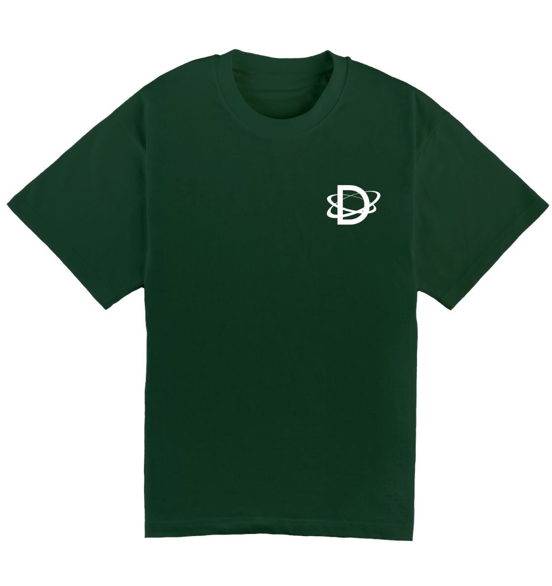 Oversized groen DESONS t-shirt voor heren en dames met een minimalistisch wit logo en orbitale lijnen op de borst, luxe oversized streetwear t-shirt.