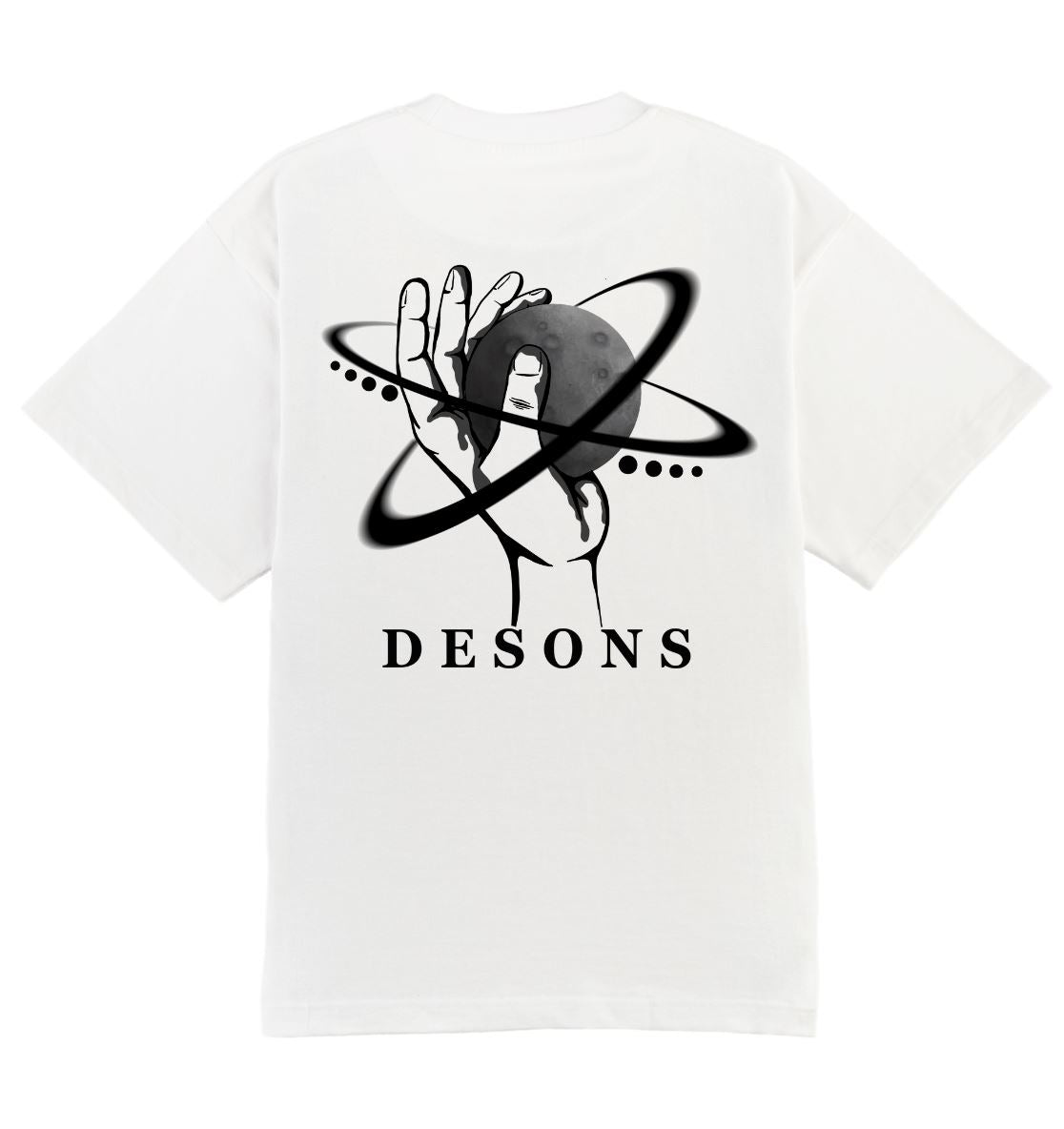 Oversized wit DESONS t-shirt voor heren en dames met een hand en planeetontwerp, orbitale lijnen, luxe oversized streetwear t-shirt.